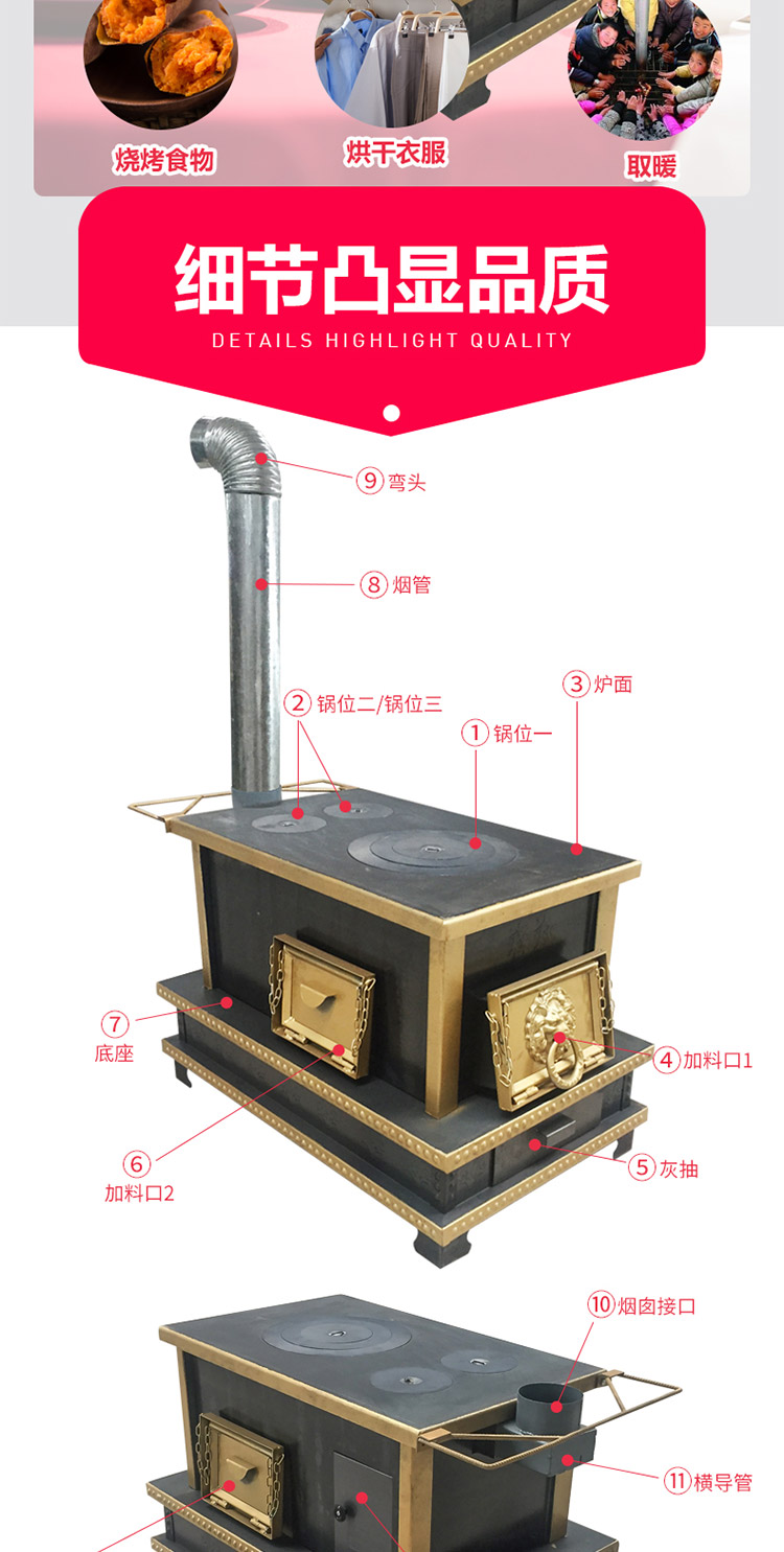 0.8米三鍋位三加料口帶烤箱藏爐 — 多功能家用取暖藏爐【爐具】焱森爐業